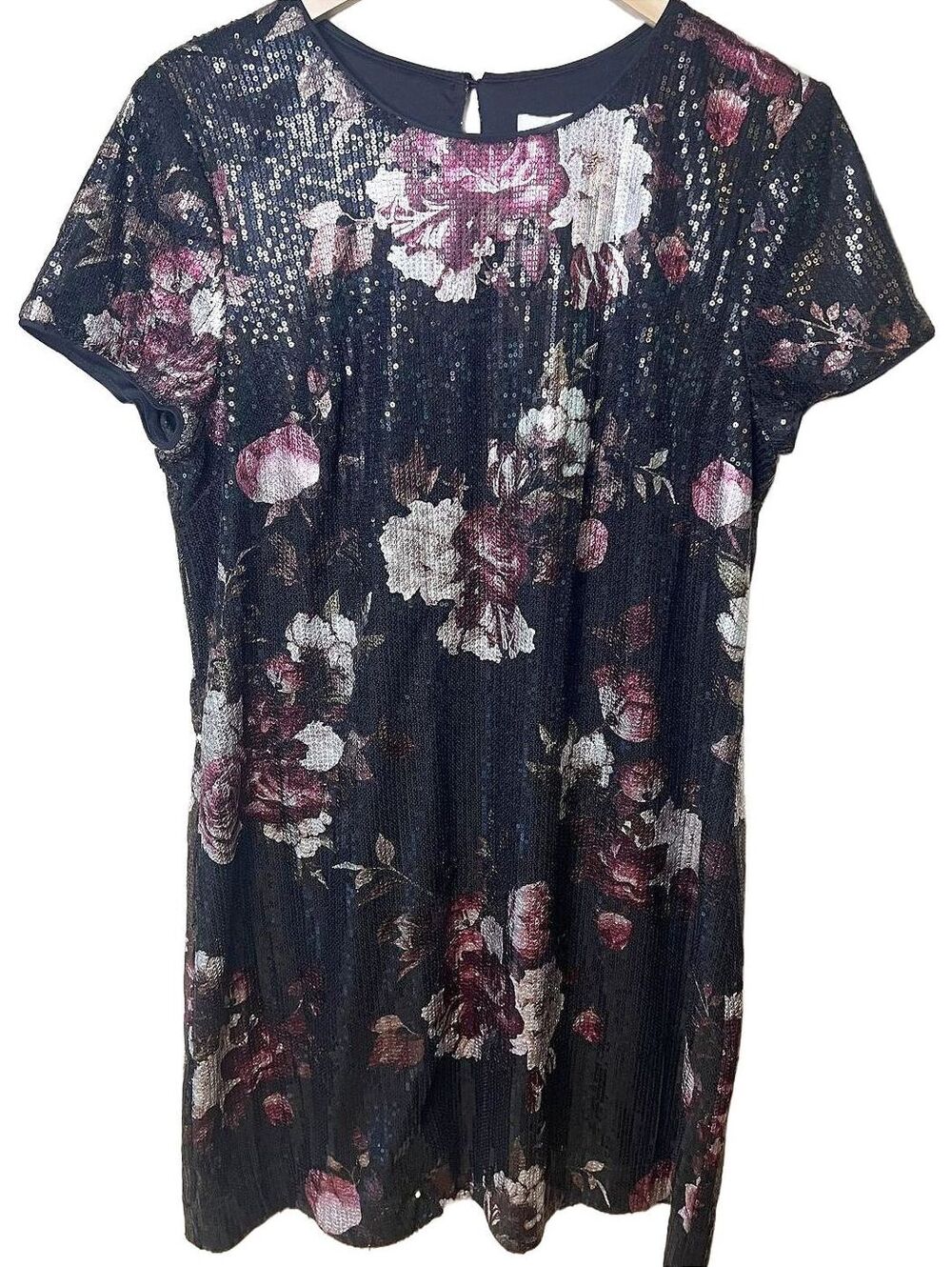 London Times Floral Sequin T-Shirt Dress Black Plum Size 12 Cocktail Party